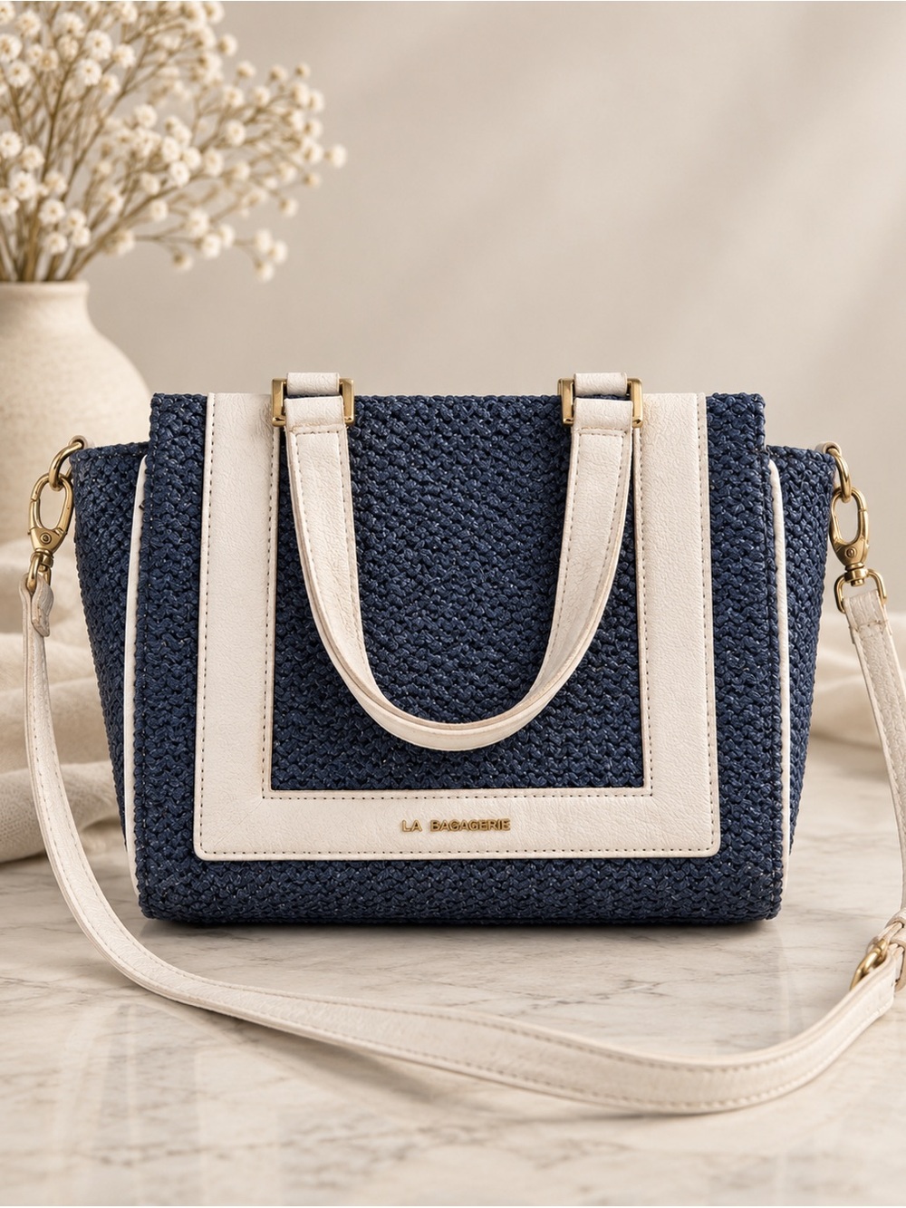 La Bagagerie Navy Raffia Straw Tote Crossbody Bag White Trim Summer Handbag